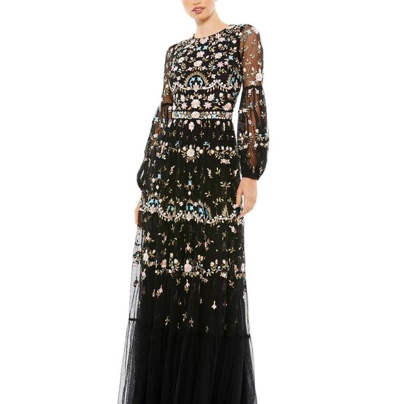 NWT MAC DUGGAL 35111 Embroidered Blouson Long Sleeve Gown Black Floral‎ 16 - Picture 7 of 11